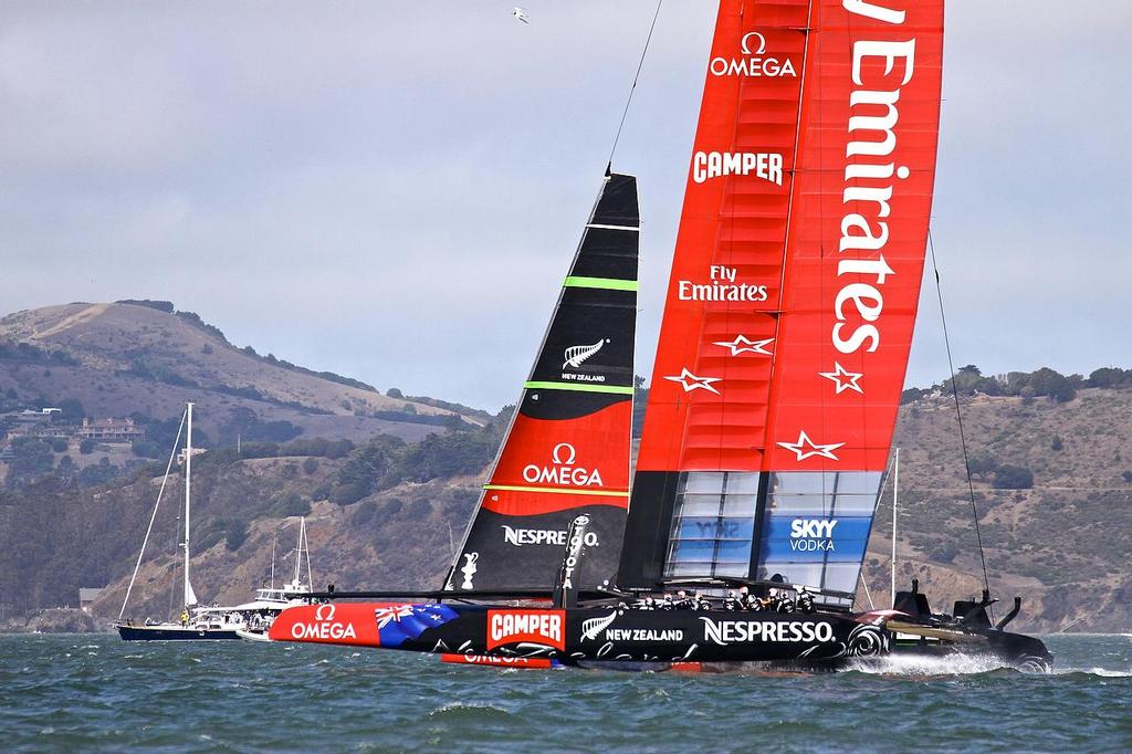 Oracle Team USA v Emirates Team New Zealand. America’s Cup Day 3, San Francisco. Emirates Team NZ leads Oracle Team USA on Leg 3 of Race 5 © Richard Gladwell www.photosport.co.nz